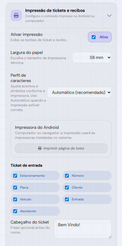 Tela de configuração de impressão do PátioON com largura do papel e campos do ticket de entrada
